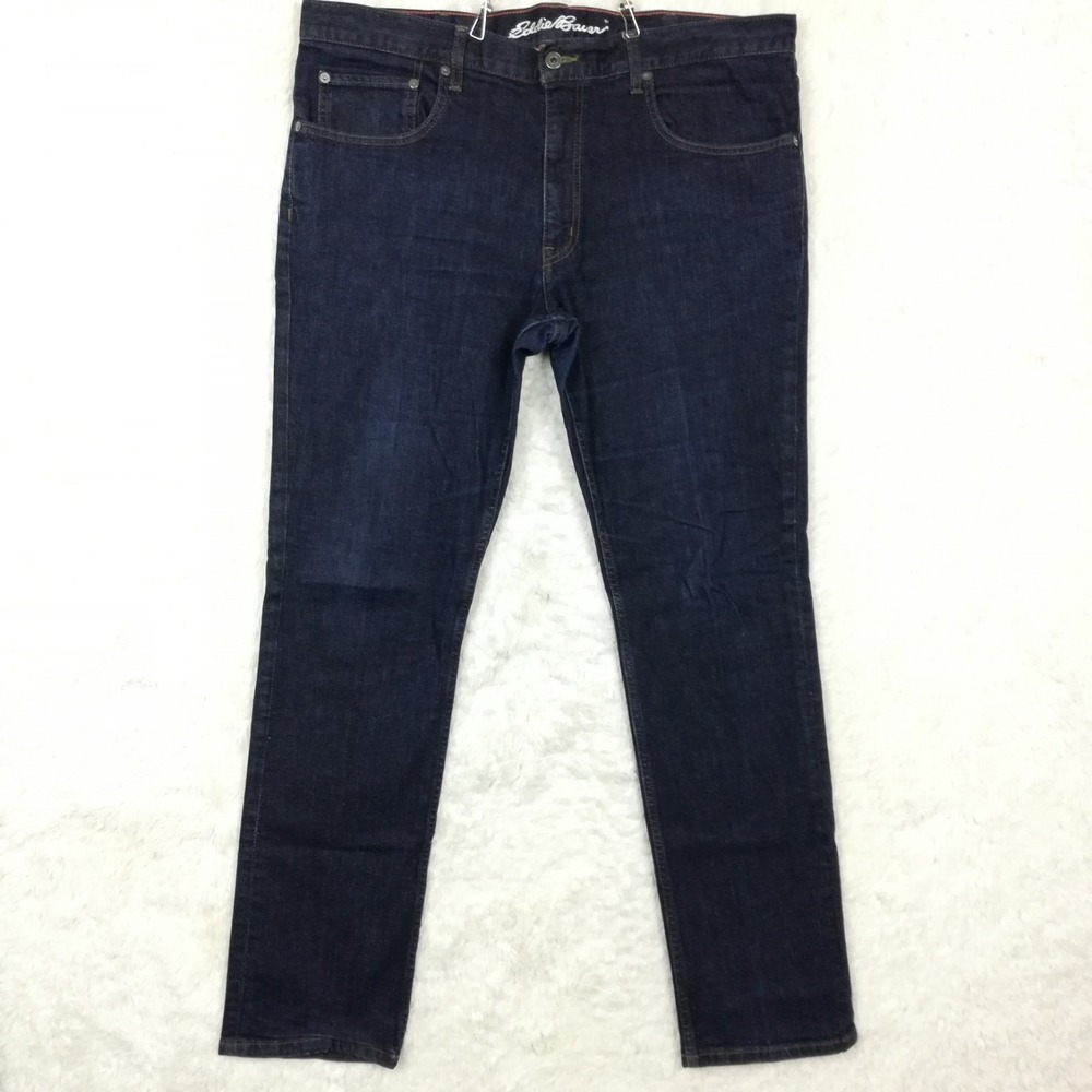 Eddie Bauer Mens Jeans Slim Fit Straight Blue Denim Dark Wash Whiskering 38x34
